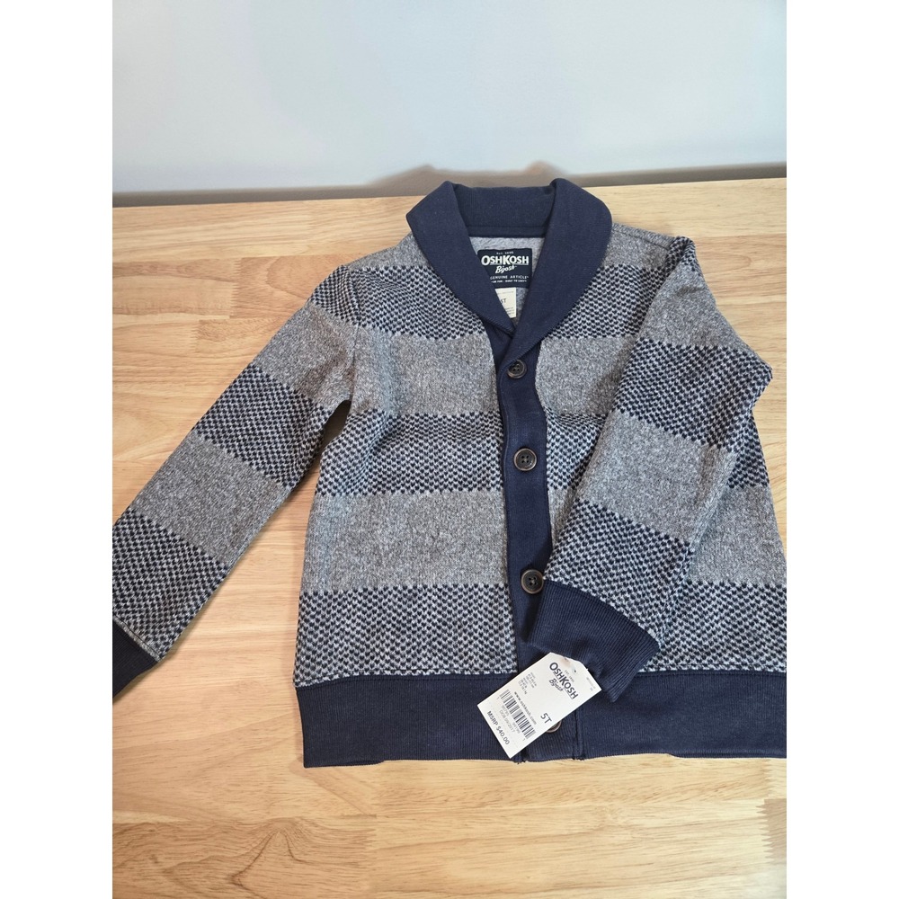 OshKosh B'gosh Boys Navy and Gray Striped Shawl Collar Cardigan Sweater 5T